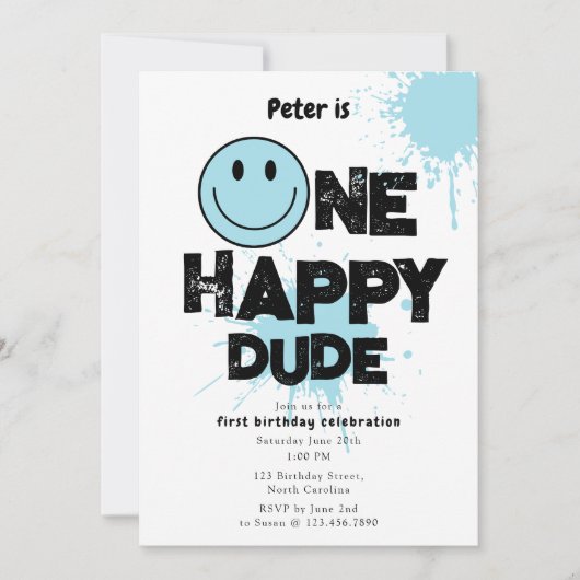 One Happy Dude Invite 1st First Birthday Boy Blue Kaart (Voorkant)