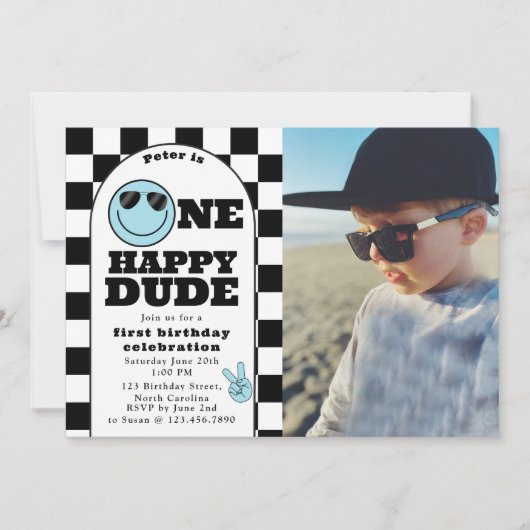 One Happy Dude Invite 1st First Birthday Boy Photo Kaart (Voorkant)