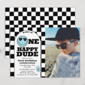 One Happy Dude Invite 1st First Birthday Boy Photo Kaart (Voorkant / Achterkant)