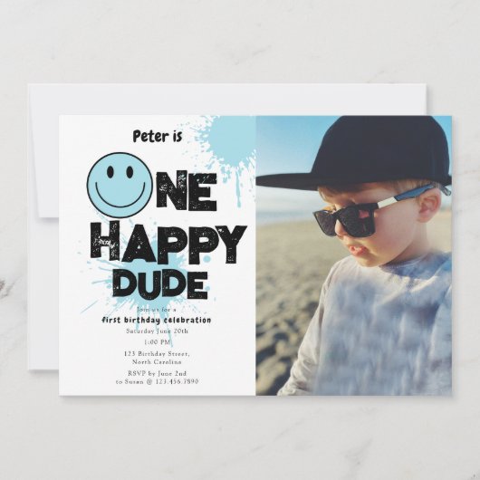 One Happy Dude Invite 1st First Birthday Boy Photo Kaart (Voorkant)