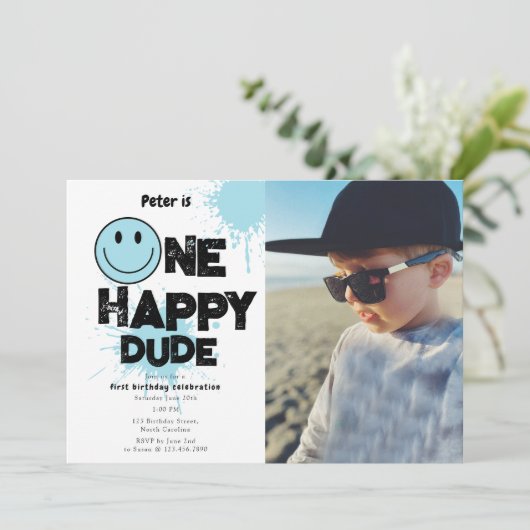 One Happy Dude Invite 1st First Birthday Boy Photo Kaart (Staand voorkant)