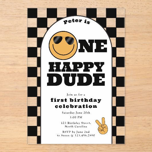One Happy Dude Invite 1st First Birthday Cute Boy Acryl Uitnodigingen (Voorkant)