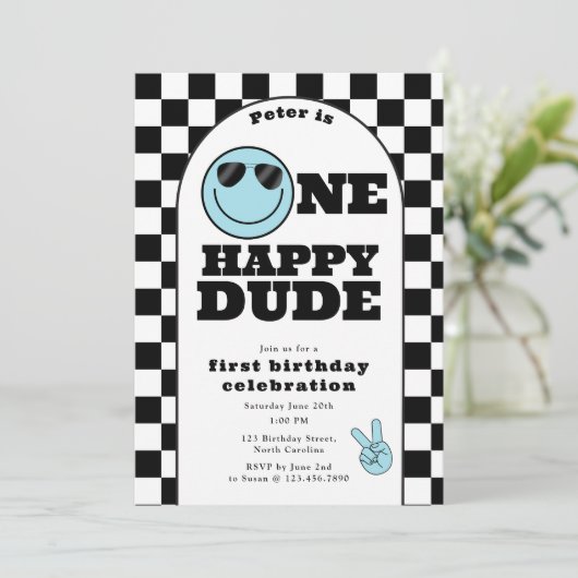 One Happy Dude Invite 1st First Birthday Cute Boy Kaart (Staand voorkant)