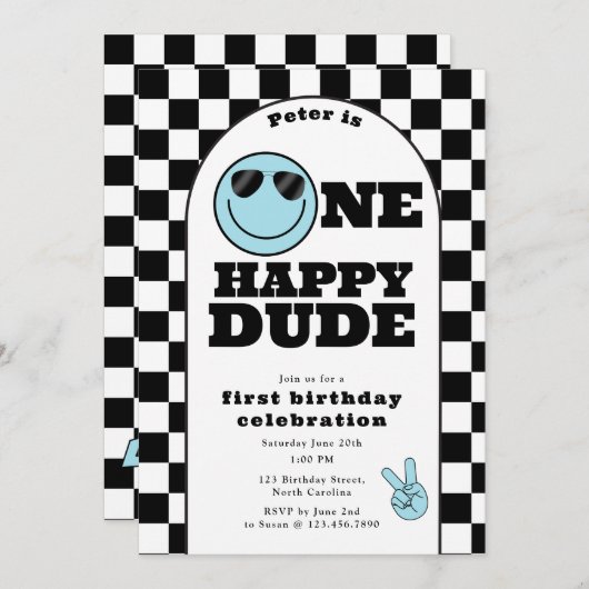 One Happy Dude Invite 1st First Birthday Cute Boy Kaart (Voorkant / Achterkant)