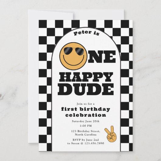 One Happy Dude Invite 1st First Birthday Cute Boy Kaart (Voorkant)