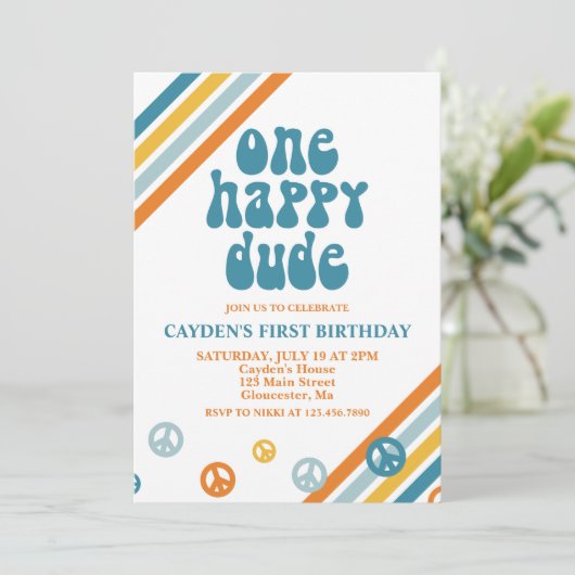 One Happy Dude Retro Boy Eerste Verjaardag Uitnodi Kaart (Staand voorkant)