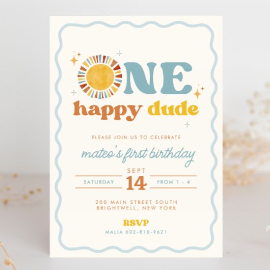 One Happy Dude Retro Sun eerste verjaardag uitnodi Kaart