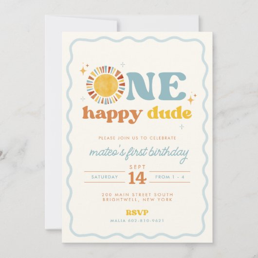 One Happy Dude Retro Sun eerste verjaardag uitnodi Kaart (Voorkant)