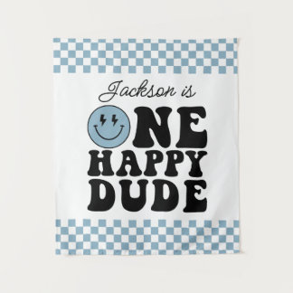 One Happy Dude verjaardagsachtergrond in blauw Wandkleed