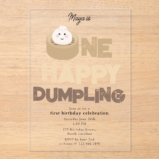 One Happy Dumpling Invite 1st  First Birthday Cute Acryl Uitnodigingen (Voorkant)