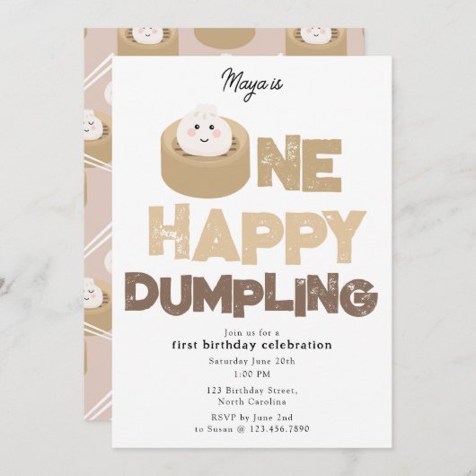 One Happy Dumpling Invite 1st  First Birthday Cute Kaart (Voorkant / Achterkant)