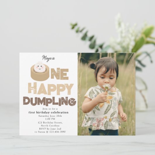 One Happy Dumpling Invite 1st First Birthday Photo Kaart (Staand voorkant)
