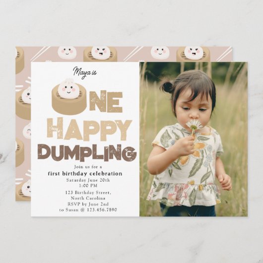 One Happy Dumpling Invite 1st First Birthday Photo Kaart (Voorkant / Achterkant)