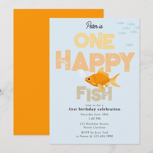 One Happy Fish Invite 1st Boy Girl Birthday Kaart (Voorkant / Achterkant)