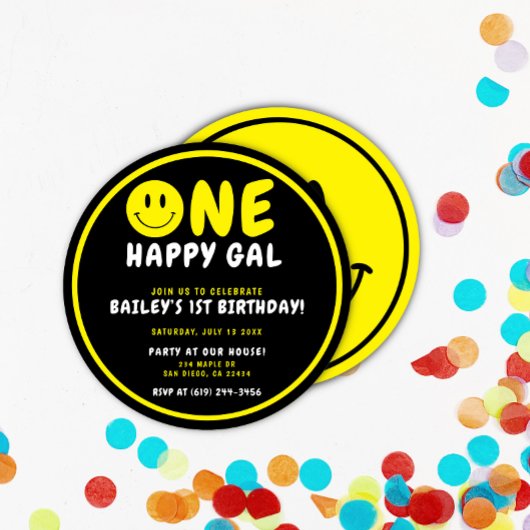 One Happy Gal 1e Verjaardag Zwart/Geel Smiley Kaart