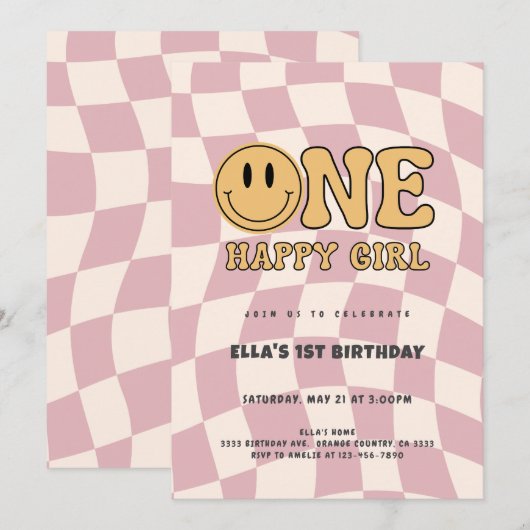 ONE HAPPY GIRL BIRTHDAY INVITATION  KAART (Voorkant / Achterkant)