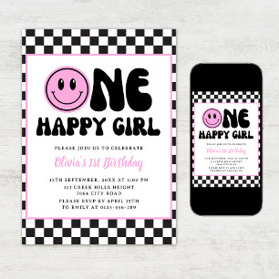 One Happy Girl Pink Happy Face Verjaardag Uitnodig Kaart
