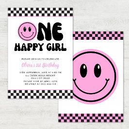 One Happy Girl Pink Happy Face Verjaardag Uitnodig Kaart