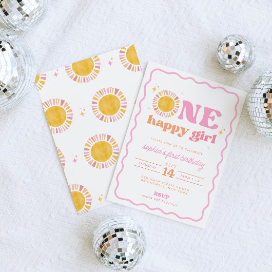 One Happy Girl Retro Zon Eerste Verjaardag Uitnodi Kaart