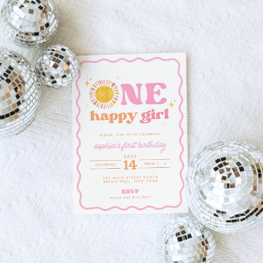One Happy Girl Retro Zon Eerste Verjaardag Uitnodi Kaart