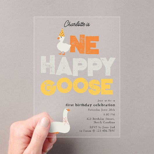 One Happy Goose Invite 1st  First Birthday Cute Acryl Uitnodigingen (Insitu (Draagbaar))
