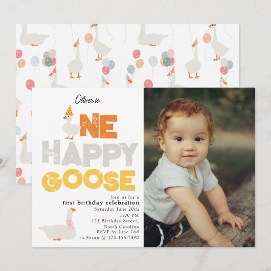 One Happy Goose Invite 1st First Birthday Photo Kaart (Voorkant / Achterkant)