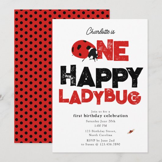 One Happy Ladybug Invite 1st First Birthday Cute Kaart (Voorkant / Achterkant)