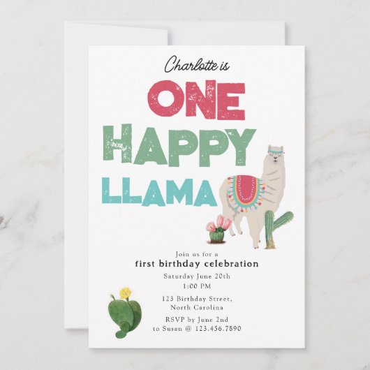 One Happy Llama Invite 1st Girl Birthday Kaart (Voorkant)