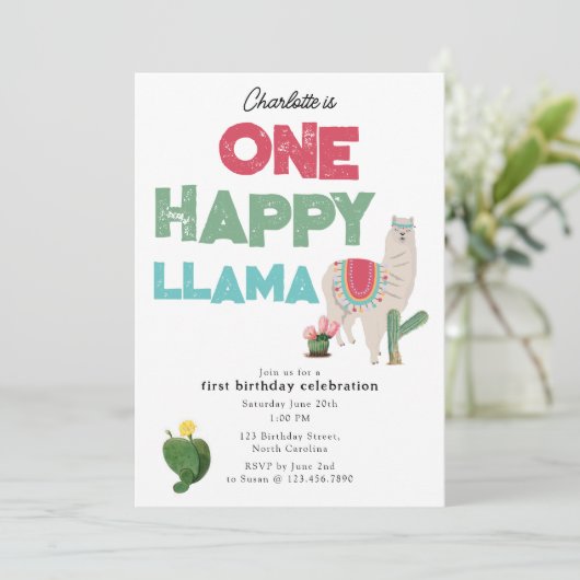 One Happy Llama Invite 1st Girl Birthday Kaart (Staand voorkant)