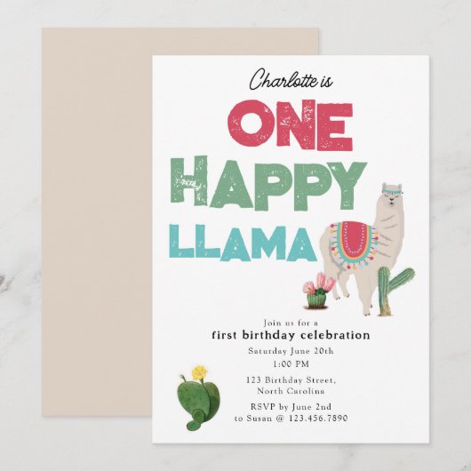 One Happy Llama Invite 1st Girl Birthday Kaart (Voorkant / Achterkant)