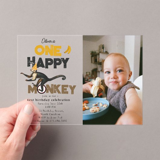 One Happy Monkey Cute 1st First Birthday Photo Acryl Uitnodigingen (Insitu (Draagbaar))