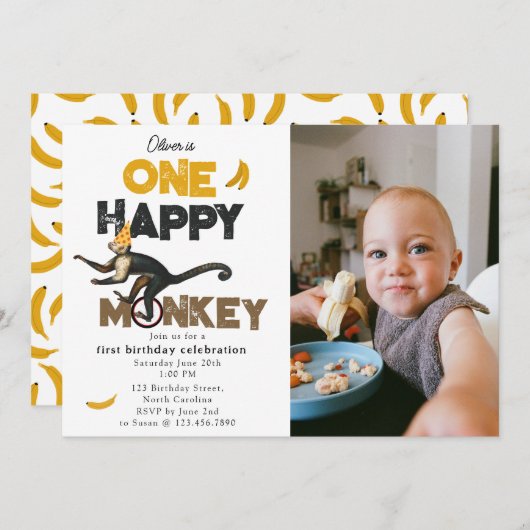 One Happy Monkey Cute 1st First Birthday Photo Kaart (Voorkant / Achterkant)
