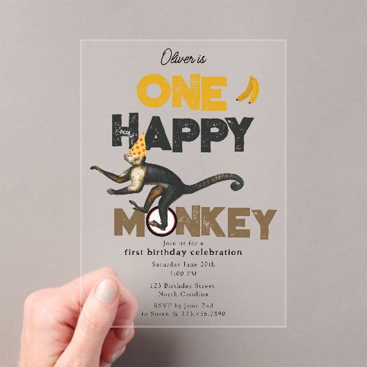 One Happy Monkey Cute Invite 1st First Birthday Acryl Uitnodigingen (Insitu (Draagbaar))