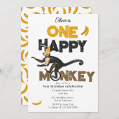 One Happy Monkey Cute Invite 1st First Birthday Kaart (Voorkant / Achterkant)