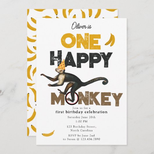 One Happy Monkey Cute Invite 1st First Birthday Kaart (Voorkant / Achterkant)