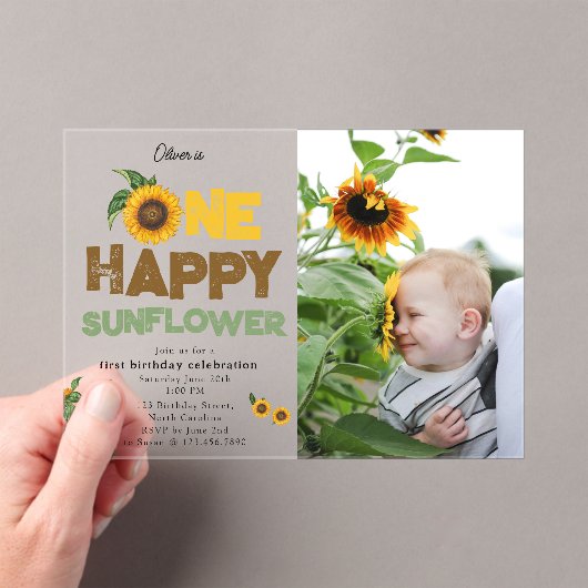 One Happy Sunflower 1st Summer Birthday Photo Acryl Uitnodigingen (Insitu (Draagbaar))