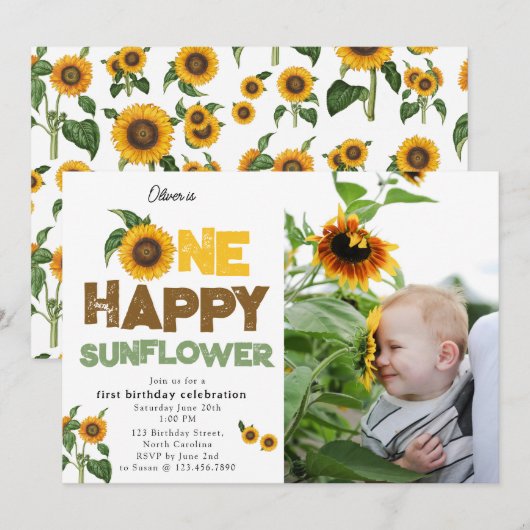 One Happy Sunflower 1st Summer Birthday Photo Kaart (Voorkant / Achterkant)