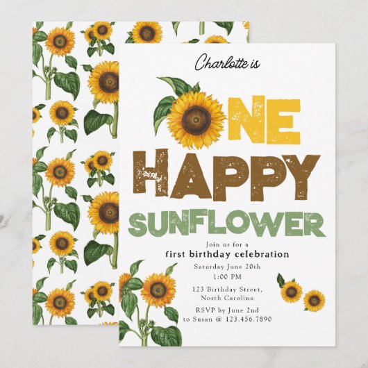 One Happy Sunflower Invite 1st Summer Birthday Kaart (Voorkant / Achterkant)