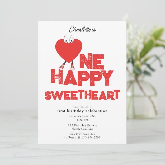 One Happy Sweetheart Invite 1st Girl Birthday Kaart (Staand voorkant)