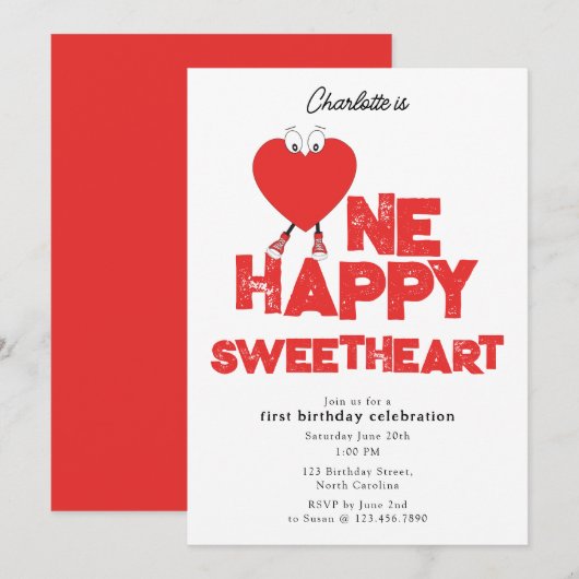 One Happy Sweetheart Invite 1st Girl Birthday Kaart (Voorkant / Achterkant)