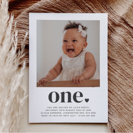One Heart Square Photo First Birthday Invitation Kaart