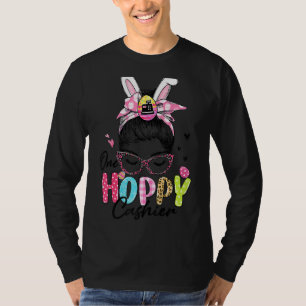 One Hoppy Cashier Messy Bun Hair Bunny Ear Easter T-shirt