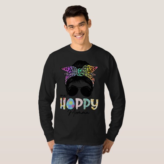 One Hoppy Momma Leopard Messy Bun Easter Day T-shirt (Voorkant volledig)