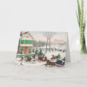 One Horse Open Sleigh Race Vintage-kerstkaart Feestdagen Kaart