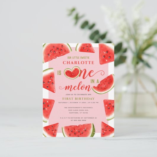 One In A Melon 1e Verjaardag Zoete Watermeloen Roz Briefkaart (Staand voorkant)