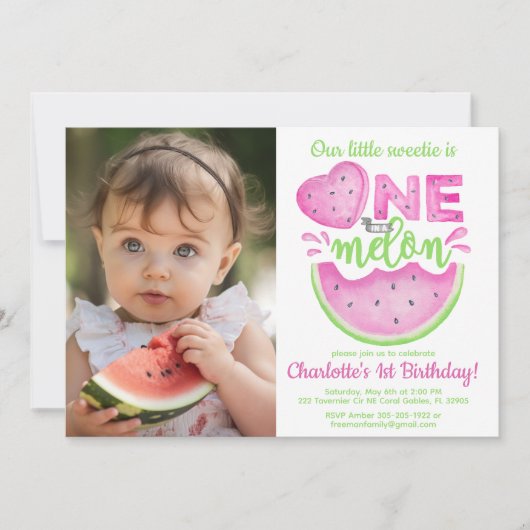 One in a Melon 1st Birthday Fotouitnodiging Kaart (Voorkant)