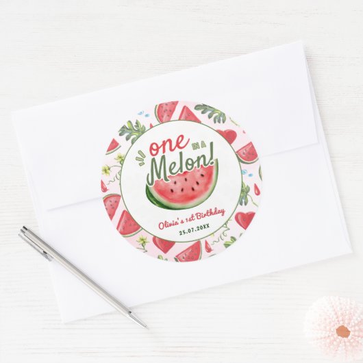 One in a Melon 1st Birthday Party Ronde Sticker (Envelop)