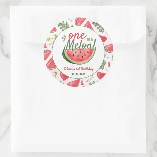 One in a Melon 1st Birthday Party Ronde Sticker (Tas)