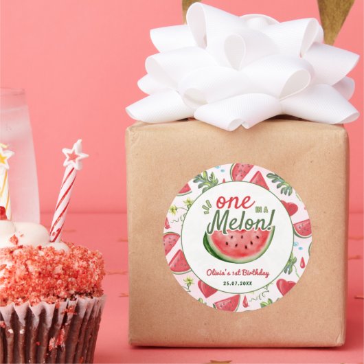 One in a Melon 1st Birthday Party Ronde Sticker (Feest)