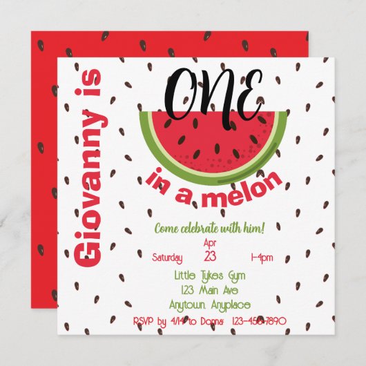 One in a Melon 1st Birthday Party Square (Voorkant / Achterkant)